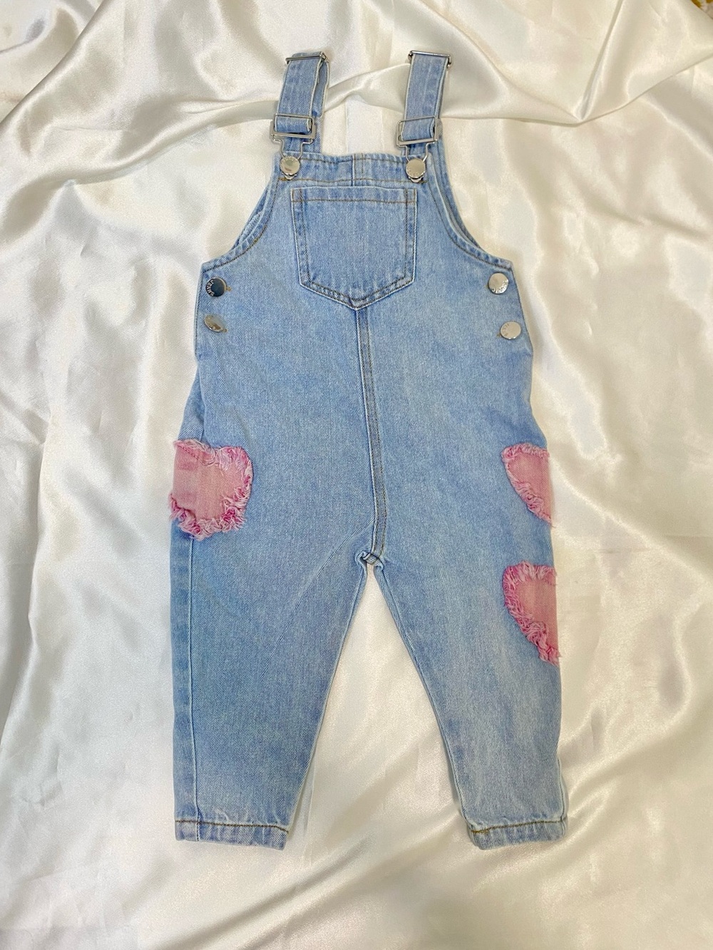 SHEIN Light Blue Denim Overalls with Pink Heart Patches